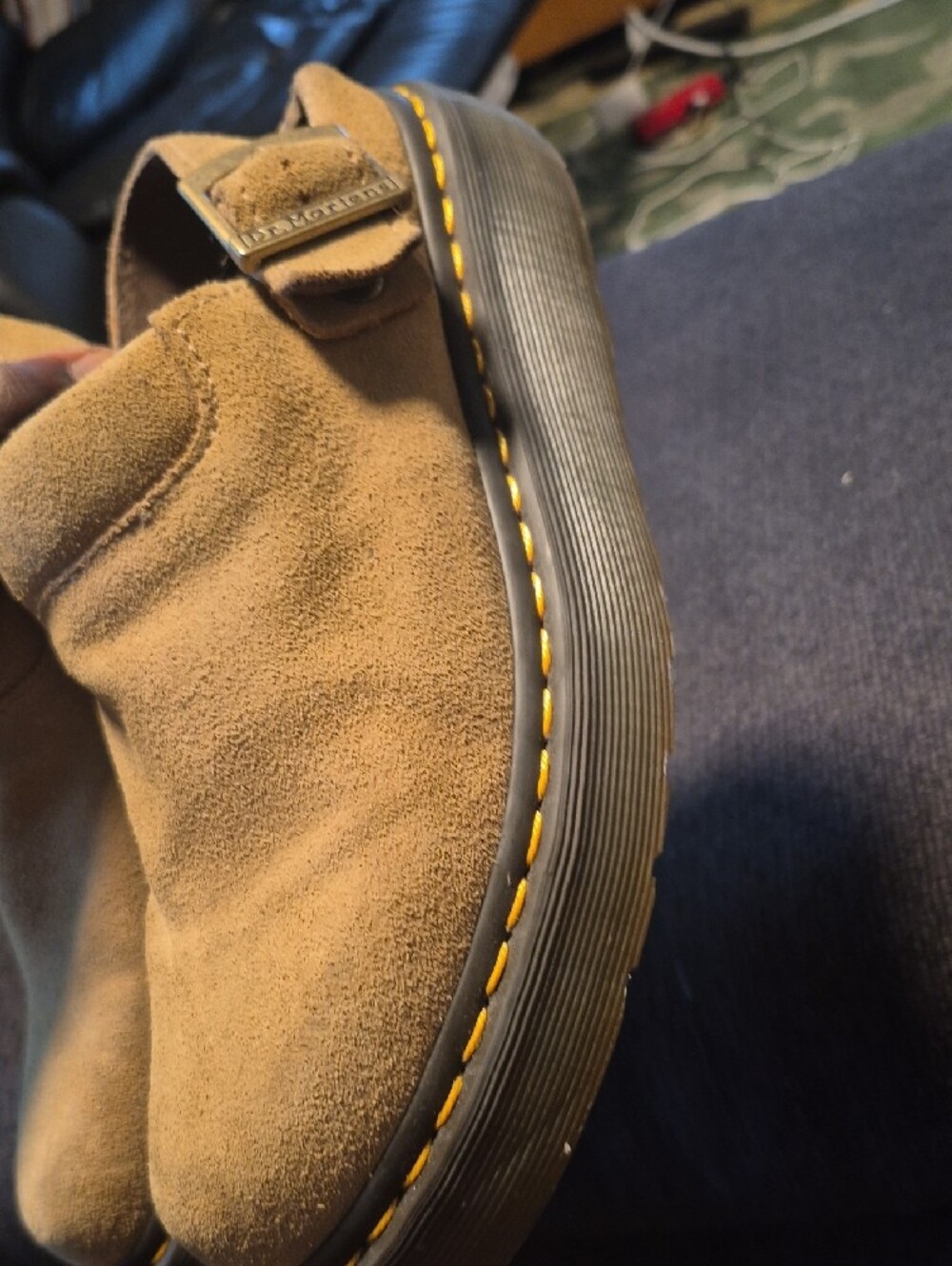 Dr. Martens Tan Suede Slingback Mules with Yellow Stitching - Picture 11 of 15